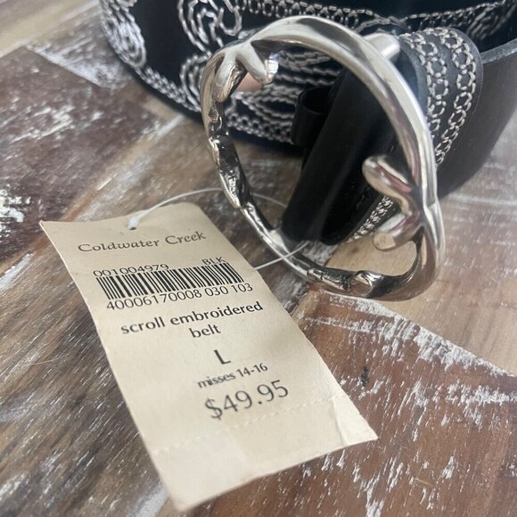 Coldwater Creek Womens Genuine Leather Belt Size L Black Embroidered Western Boh - Picture 2 of 11